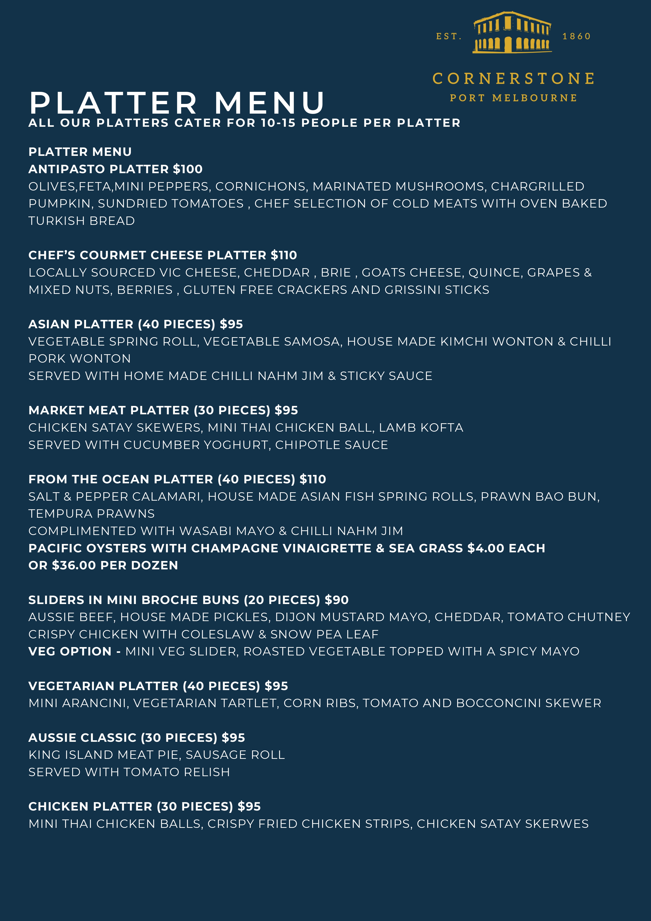 Cornerstone Pub events menu page 2 - event catering menu featuring chef-crafted dishes and beverage packages for functions and corporate events